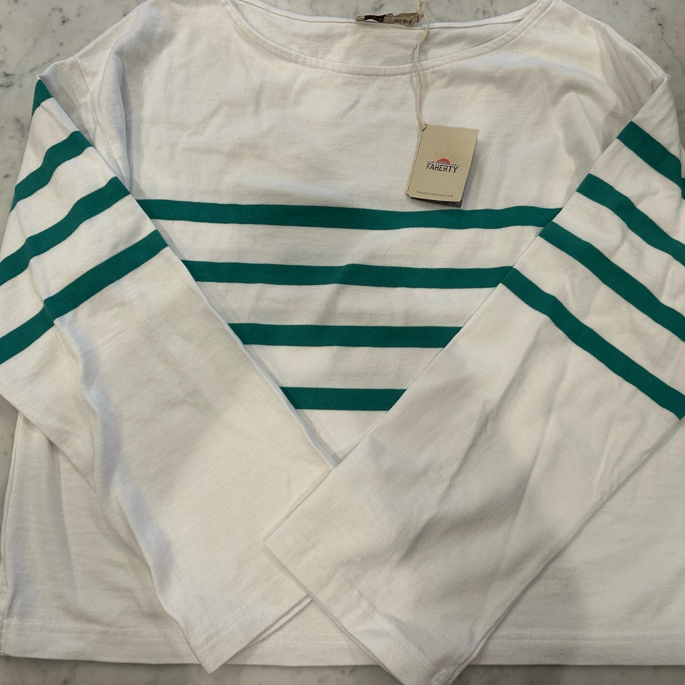 Faherty brand new NWT White and Green Striped Long Sleeve Shirt size large
